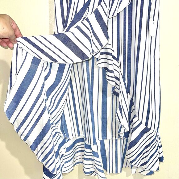 Blue White Off The Shoulders Ruffles Striped Maxi Sun Dress Size XL Womens - Picture 6 of 15